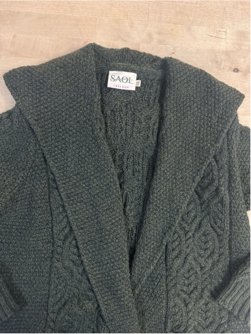 SAOL Womens 100% Merino Wool Irish Cardigan Aran Long Cable Knit Green XXL - Picture 6 of 10